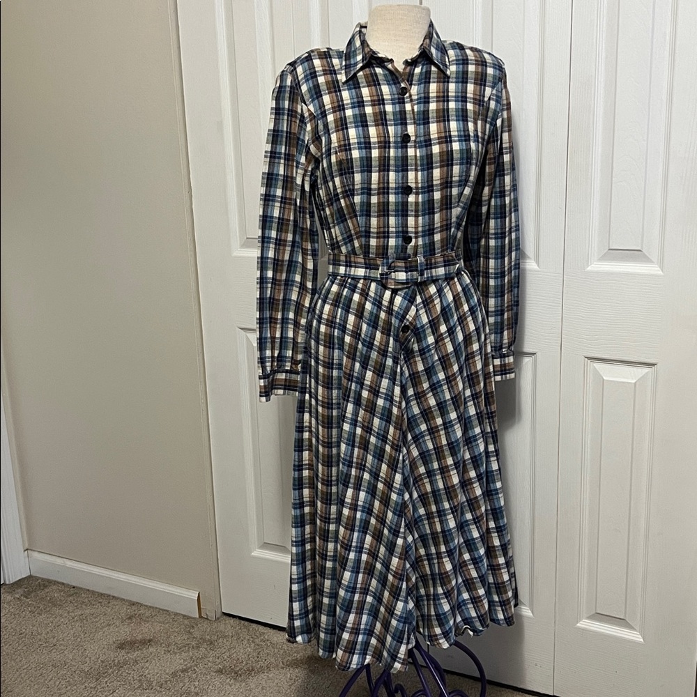Vintage Carol Anderson Long Sleeve Blue/Brown Plaid Flannel Mdi Dress Size 6